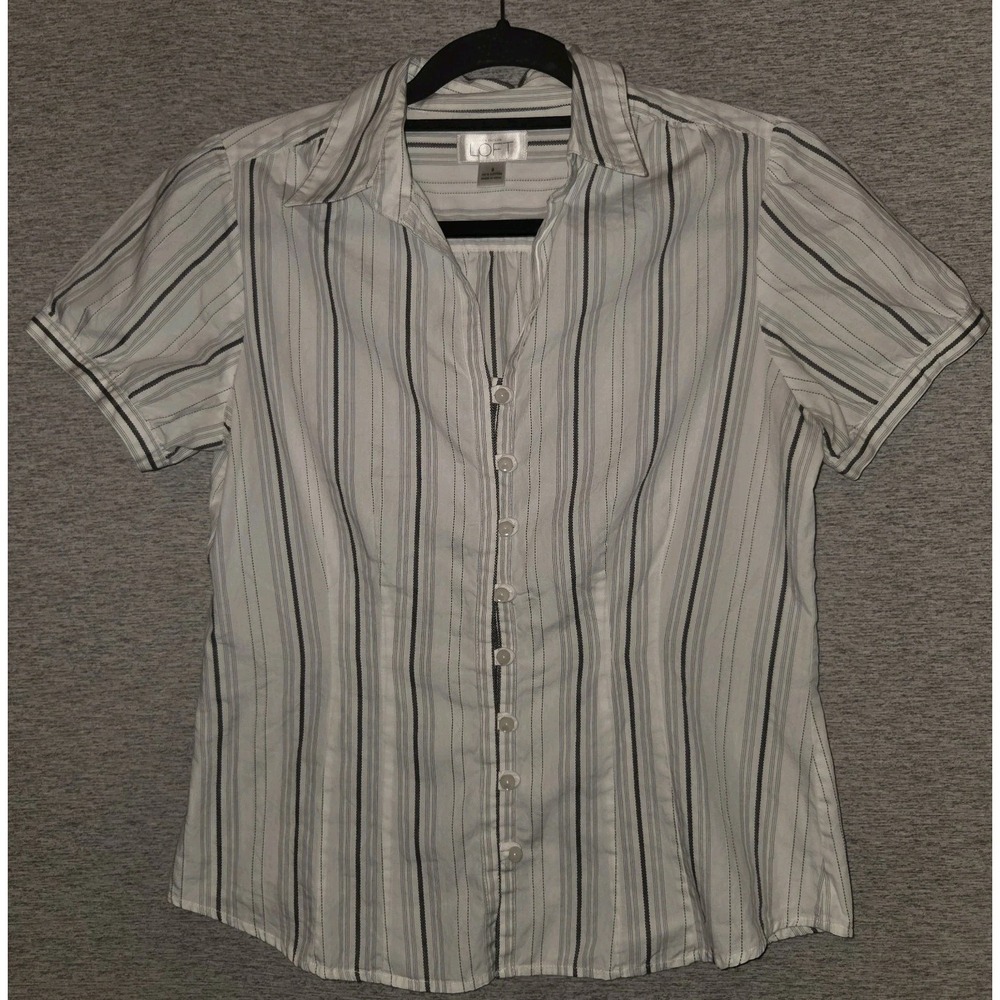 LOFT Button Up Striped Blouse Cap Sleeve Shirt Women's Size 8 Top| Ann Taylor
